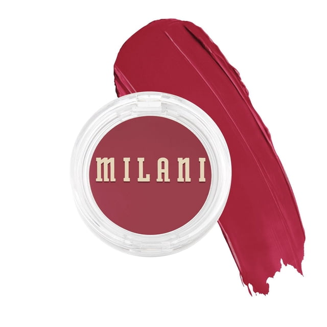 Milani Cheek Kiss Cream Blush in a round clear container with a deep rose cream blush and a smooth swatch beside it, showcasing its lightweight, buildable formula for natural cheek and lip colour.