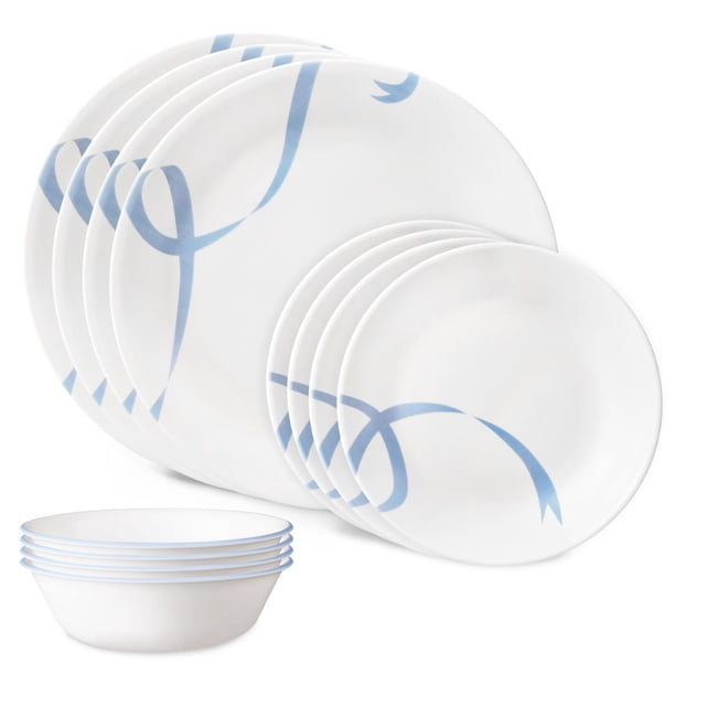 Corelle® Vitrelle® Blue Ribbons 12-pc Dinnerware Set with soft blue ribbon patterns on white 10.3-inch dinner plates, 6.8-inch appetizer plates, and 18 oz bowls made of durable, lightweight triple-layer glass safe for microwave, dishwasher, freezer, and oven use, also suitable for serving snacks or desserts.