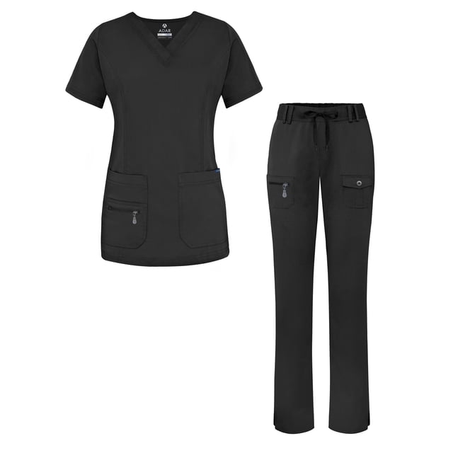 Adar Uniforms Women's Scrub Set featuring an enhanced V-neck top and multi-pocket pants in a tailored fit. The top includes two patch pockets, a mini zippered pocket, and fully curved princess seams for a flattering silhouette. The mid-rise pants have a slim tapered leg, double belt loops, and six pockets, including two front slash pockets, two cargo pockets, and two back pockets. Made from performance twill fabric with 74% polyester, 23% rayon, and 3% spandex, this set is super soft, stretchable, odor-resistant, wrinkle-resistant, and easy to care for. Ideal for medical professionals seeking comfort and functionality.