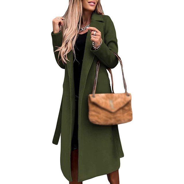 LinYooLi Trench Coats for Women Casual Lapel Long Solid Color Wrap Coat Wool Blend Overcoat Shacket Jacket