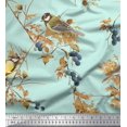 thumbnail image 1 of Soimoi Green Poly Georgette Fabric Black Berry & Yellow Sparrow Bird Printed Fabric 1 Yard 52 Inch Wide, 1 of 3