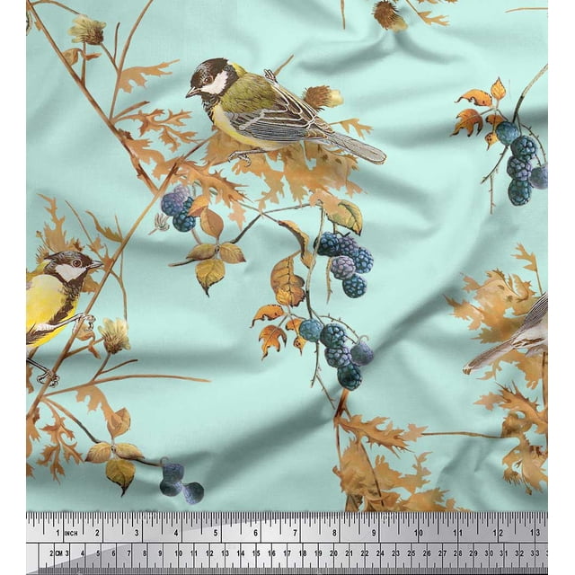 Soimoi Green Poly Georgette Fabric Black Berry & Yellow Sparrow Bird Printed Fabric 1 Yard 52 Inch Wide