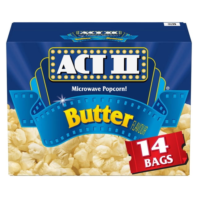Act II 14s Gourmet Microwave Popcorn - Butter Flavour box with a blue background and marquee lights logo, a blue filmstrip banner stating butter flavour, and a close-up of popped popcorn at the bottom, containing 14 microwave popcorn bags suitable for sharing as a warm snack.