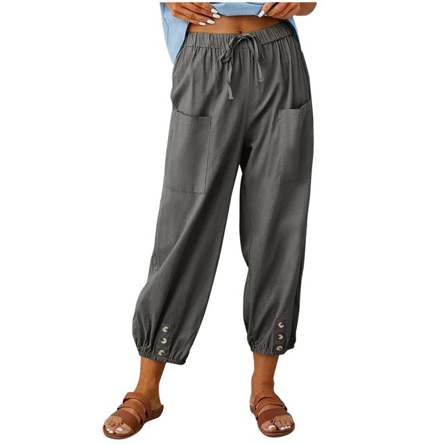 Women‘s Cotton Linen Pants Drawstring Elastic Waist Capri Pants Lounge Pants with Pockets