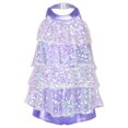 thumbnail image 1 of TiaoBug Girls Sleeveless Shiny Sequins Halter Tassel Mini Dress Latin Jazz Salsa Samba Rumba Unitard Dress Lavender 4, 1 of 6