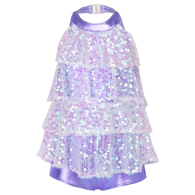 TiaoBug Girls Sleeveless Shiny Sequins Halter Tassel Mini Dress Latin Jazz Salsa Samba Rumba Unitard Dress Lavender 4