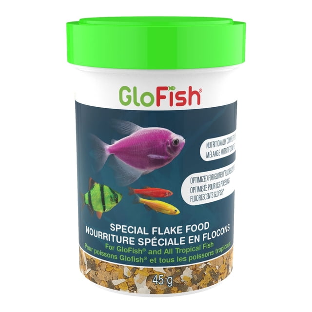 GloFish Special Flake Tropical Fish Food container with a bright green lid and dark blue label featuring fluorescent tropical fish, containing 45 g of nutritionally complete flake food optimized for GloFish and other small to mid-size tropical fish, suitable for feeding 2 to 3 times daily in small amounts.