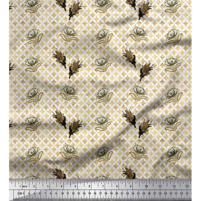 Soimoi Rayon Fabric Curve Diamond,Leaves & Floral Artistic Print Fabric by Yard 56 Inch Wide