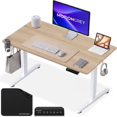 MotionGrey - Ergo2 Adjustable Electric Standing Desk with Memory Settings - 43" x 24" Light Brown Top White Frame - Ergonomic Desk for Home and Office