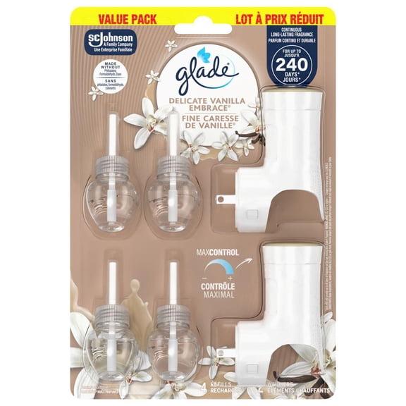 Glade® PlugIns Scented Oil Refill, Delicate Vanilla Embrace, 2 Warmers 4 Refills