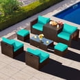 thumbnail image 1 of Gymax Ensemble de Conversation pour Patio en Rotin PE Osier 8 Pcs Ensemble de Meubles Toutes Saisons avec Coussins Turquoise, 1 of 8