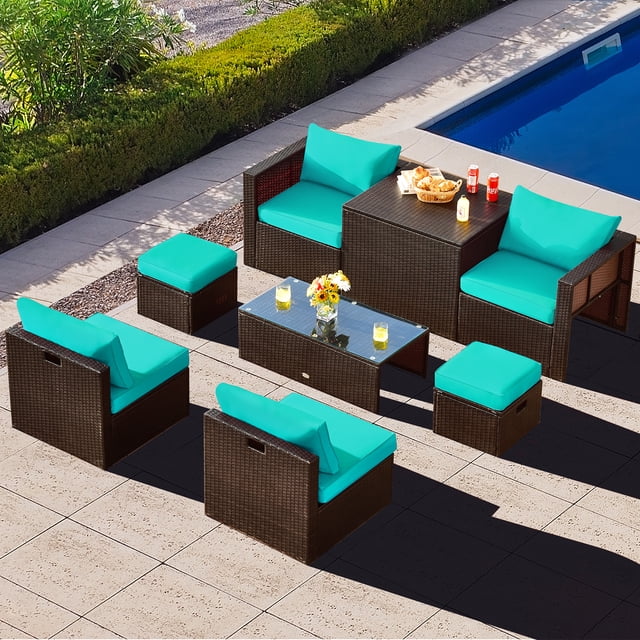 Gymax Ensemble de Conversation pour Patio en Rotin PE Osier 8 Pcs Ensemble de Meubles Toutes Saisons avec Coussins Turquoise