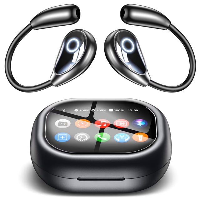 VEATOOL M94 Open Headset with lightweight silicone earbuds and an open-ear design for comfort. Features a smart touch screen charging case with icons for music control, battery status, and customizable settings. Includes Bluetooth 5.4 connectivity, ENC noise cancellation, MP3 functionality, waterproof design, and 60 hours of playback.