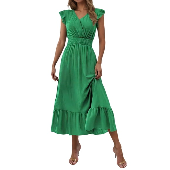 Lenpel Women's Summer Dresses Ruffle Sleeve V Neck Tiered Boho Flowy A-Line Midi Dresses Casual Beach Vacation Sundresses(Green,XX-Large)