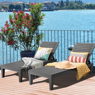 Gymax Ensemble de 2 Chaises Longues Inclinables d'Extérieur pour Patio avec Dossier Réglable Noir