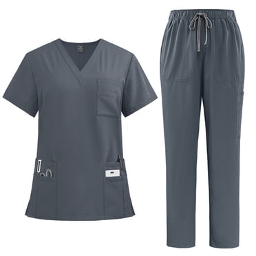 Ktyne Womens Scrubs Sets Gray Stretchy Nurse Uniform Short Sleeve V-Neck Scrub & Jogger Pants Solid Color Scrub Suit with Multi Pockets Dark Gray S