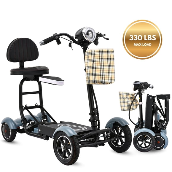 Trottinette de Mobilité Électrique - Fauteuil Roulant à 4 Roues à Double Conduite pour Aînés, Personnes Âgées et Adultes - Lumières DEL et Panier avant Inclus - Bleu Ciel Mat