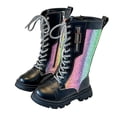 thumbnail image 2 of Mevxay Girls Lace Up Riding Combat Boots Fall Kids Mid Calf Shoes PU Leather Side Zipper Cowboy Punk Cute Goth Boot Black 34, 2 of 9