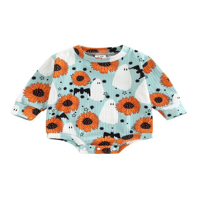Baby Girl Romper Long Sleeve Neck Cartoon Ghost / Santa / Flower Loose Button Romper