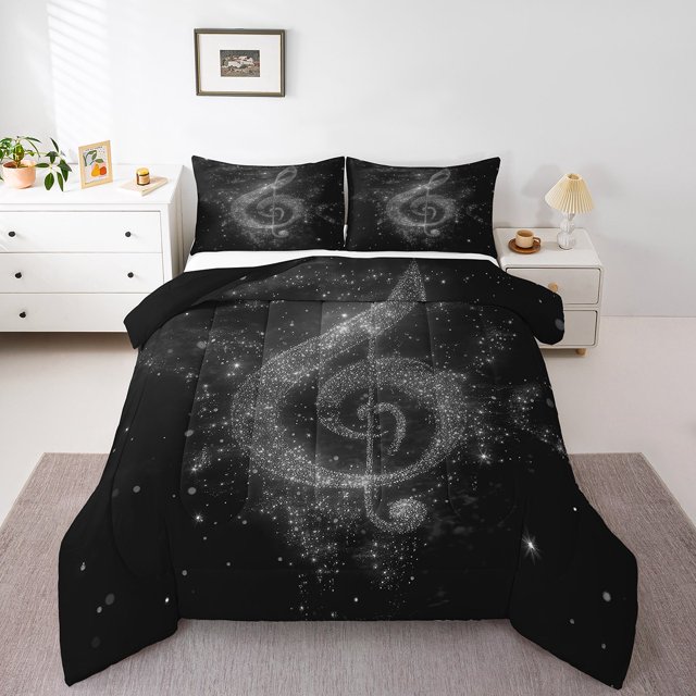 Ensemble de Douillette Note de Musique Format Simple, Imprimé Paillettes Scintillantes Étoilées Chic Gliver (Pas Réel) Ensemble de Literie 2 Pcs pour Garçons Filles, Couette en Duvet Thème Musique Romantique Mode, 1 Taie d'Oreiller