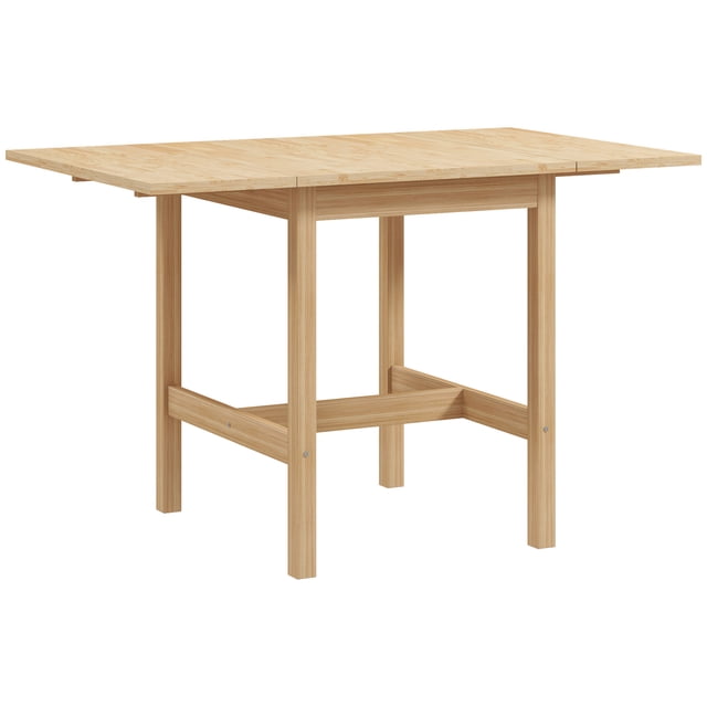 HOMCOM Table de Salle à Manger Pliable à Abattants, avec Cadre en Pin Naturel et Deux Rallonges Latérales. la Table Est Montrée Entièrement Étendue, Offrant de l'Espace pour jusqu'à 4 Personnes. Sa Conception Compacte et Polyvalente Est Idéale pour les Petites Cuisines Ou comme Pièce d'Accent. la Table Présente une surface Lisse Peinte et des Patins Antidérapants pour la Stabilité. les Dimensions Lorsqu'elles Sont Entièrement Étendues Sont de 46,5 Pouces de Large, 29,1 Pouces de Profondeur et 28,7 Pouces de Hauteur.