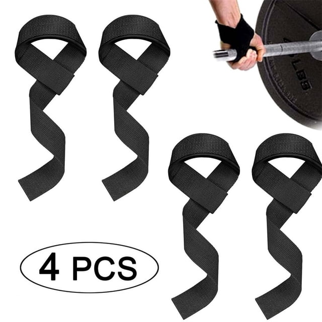 4 Pcs Sangles de Levage de Poids Soutien du Poignet Gym Antidérapantes pour Soulevé de Terre Entraînement de Force. Cet Ensemble Comprend Quatre Sangles de Levage Noires Fabriquées à Partir de Matériau durable et Antidérapant, Conçues pour Améliorer l'Adhérence et Offrir un Soutien Ergonomique du Poignet Lors d'Exercices d'Entraînement de Force comme les Soulevés de Terre, les Tractions et les Rangées. les Sangles Sont Montrées dans une Vue Orientée vers l'Avant, avec une image Démontrant Leur Utilisation avec une Barre. Idéal pour les Amateurs de Gym de Tous les Niveaux de Mise en Forme.