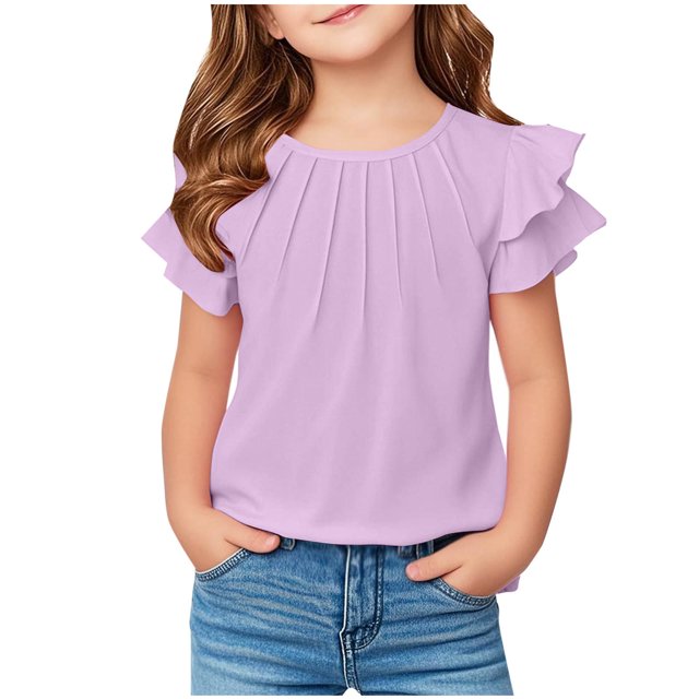 Yanlir 2025 Chemises d'Été pour Enfants Manches Raglan T-Shirt Graphique à Manches Courtes Haut à Col Rond T-Shirt pour Filles Tee Ample Décontracté Hauts (Violet#1, 12 Ans)