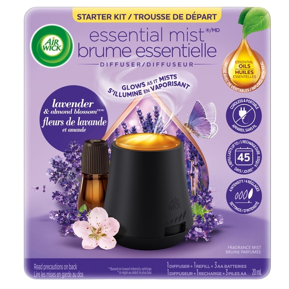 Air Wick Essential Mist – Diffuseur portatif à huiles essentielles fonctionnant à piles, réglages de diffusion ajustables – Parfum Lavande et Fleur d’amandier – Comprend un diffuseur, une recharge et