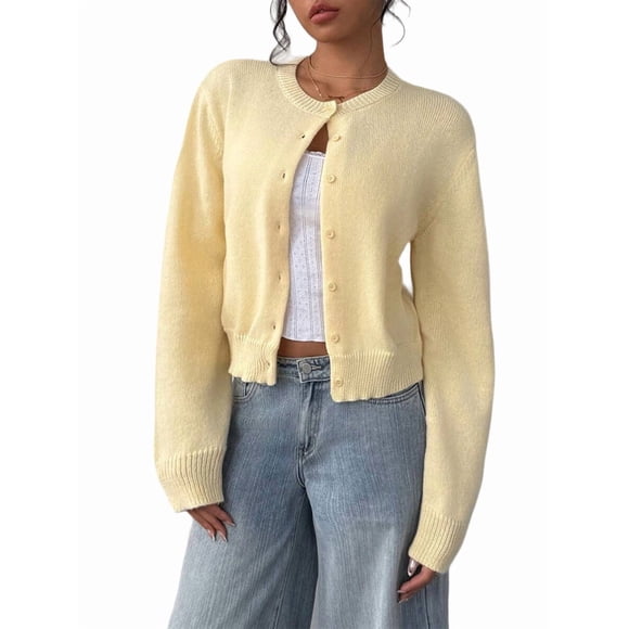 Women'S Button Down Long Sleeve Crewneck Crop Cardigan Sweater Cute Knitwear Clothes Yellow XL