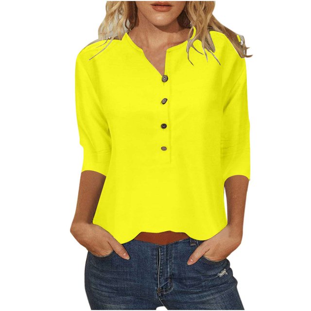 Polyester Cotton Tops Woman 3/4 Length Sleeve Henley Tee Shirts Button Loose Casual Summer Spring Clothes (Small, Yellow)