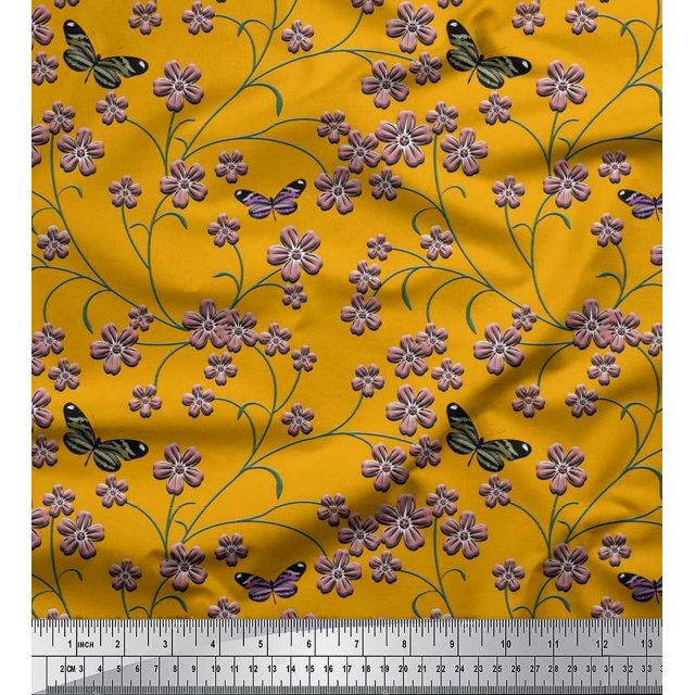 Soimoi Crepe Silk Fabric Insect,Leaves & Flower Floral Print Fabric by The Yard 42 Inch Wide
