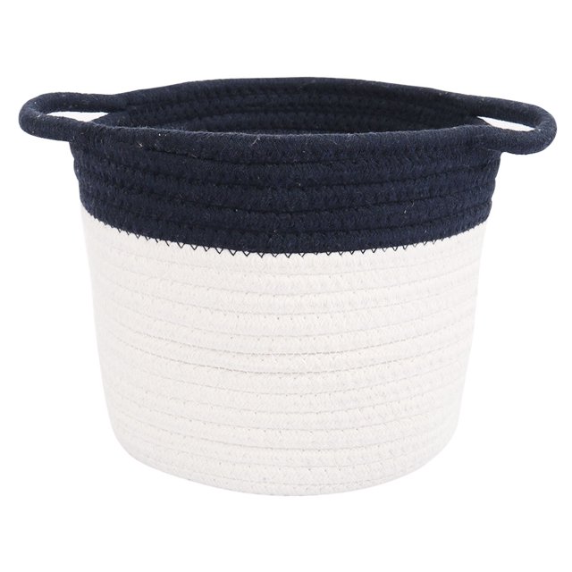 Unique Bargains Large Storage Baskets Cotton Rope Basket Woven Laundry Basket with Handle. A cylindrical cotton rope basket with a navy blue and white two-tone design, featuring sturdy rope handles for portability. Suitable for laundry, closet organization, or decorative storage in any room. Foldable for compact storage when not in use.