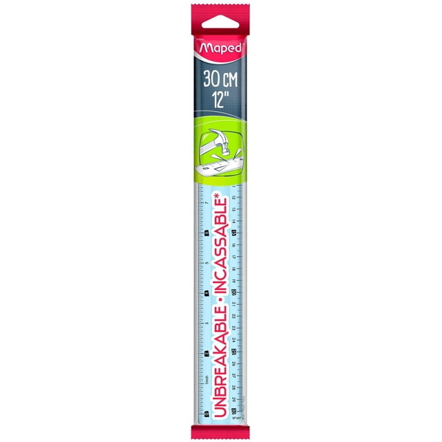 Unbreakable ruler 30cm - 12'' - Blue by Maped in flowpack packaging, with dual graduation in centimeters and inches on a light blue surface with black markings, made from shock-resistant material for durability, suitable for precise measuring in office and school supplies, and often used for crafts requiring sturdy measuring tools.