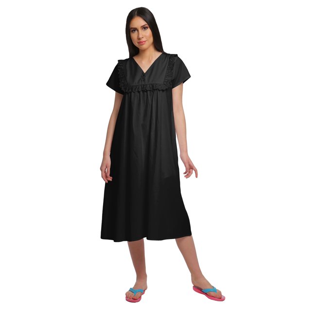 Moomaya Solid Short Sleeve Nightdress For Ladies Button Placket Nightwear