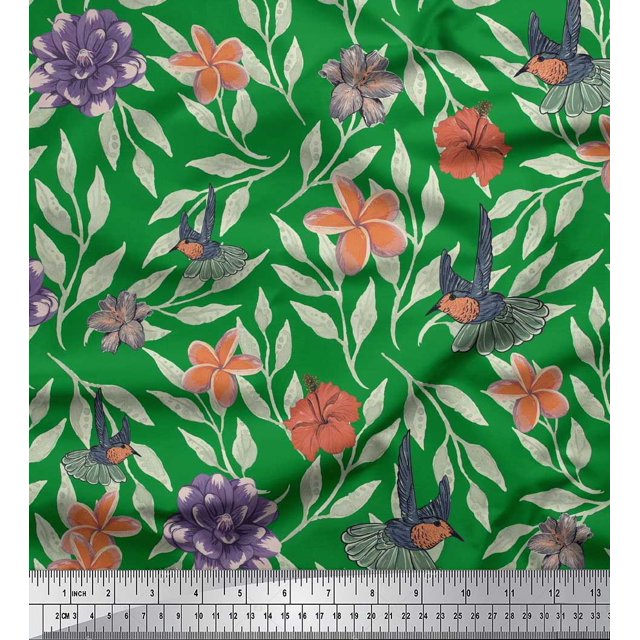 Soimoi Green Cotton Poplin Fabric Flying Bird & Floral Decor Fabric Printed BTY 42 Inch Wide