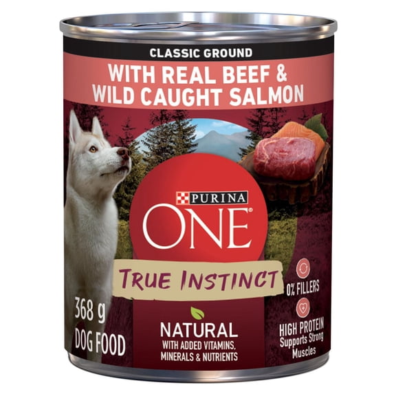 Purina ONE Véritable Instinct Moulue Classique Boeuf et Saumon Sauvage, Nourriture Humide pour Chiens 368 g
