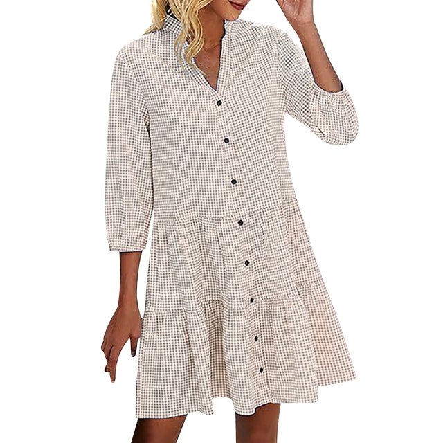 hotojiny Robes de Printemps pour Femmes Tendance à Carreaux Col en V Ourlet à Volants Robe Décontractée Manches 3/4 Boutonnée Tunique à Étages