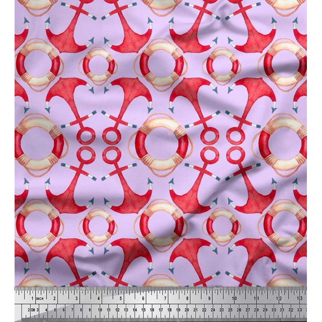 Soimoi Purple Poly Georgette Fabric Life Ring & Anchor Hook Nautical Printed Fabric 1 Yard 52 Inch Wide