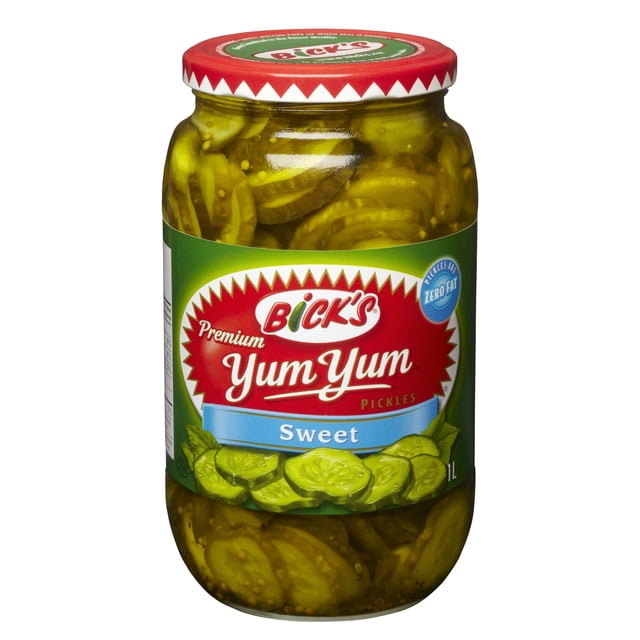 Bick's Yum Yum Sweet Pickles 1L clear glass jar containing sliced bread and butter style pickles in brine with a red lid and green label displaying the brand logo and sweet flavour, perfect for enhancing sandwiches or BBQ meals with sweet and tangy crunch.