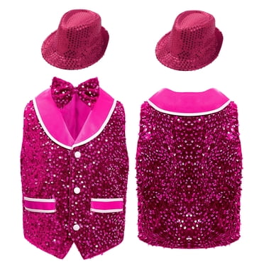 Doomiva Kids Boys Girls Dance Party Stage Performance Jacket Vest Hip-Hop Jazz Waistcoat and Bowtie Hat Hot Pink 16