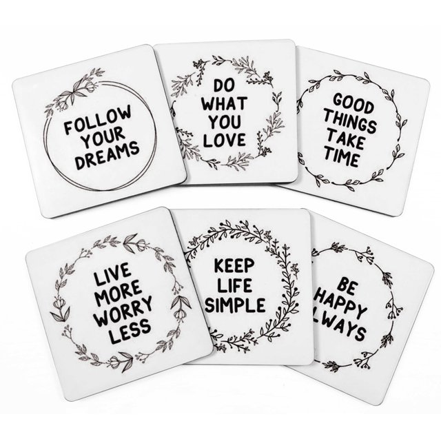 Inkdotpot Set of 6 Drink Coasters Easy Clean 4-inch SquareCoastersCork Base-Reusable- Quotes
