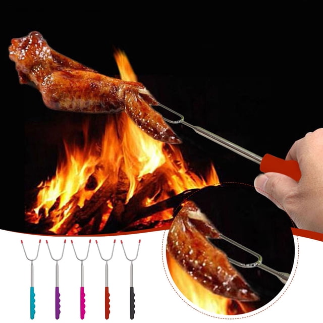 Barbecue Forks for Outdoor Cooking - Stainless Steel Telescopic U-Shaped Needle 85cm BBQ Skewer for Chicken Hot Dogs and Grill Accessories
