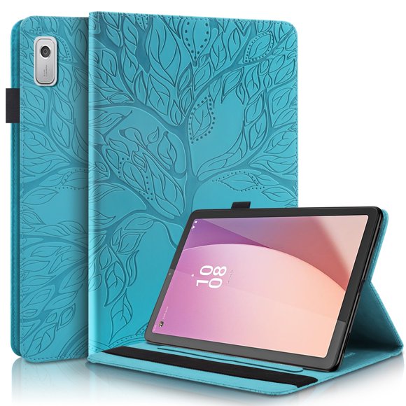 Tree of Life Embossed Case for Lenovo Tab m9 Stand, Card Slots, Stylus Loop Blue