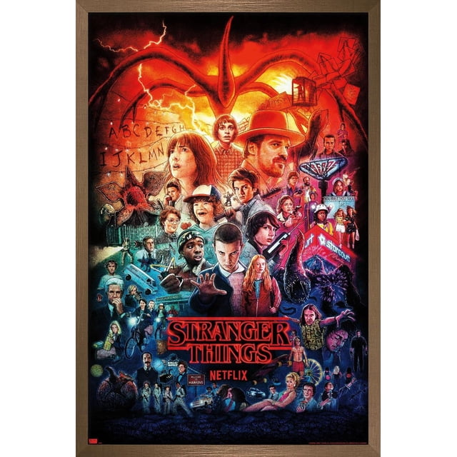 Netflix Stranger Things - Three Seasons One Sheet Wall Poster, 22.375" x 34", featuring a vibrant collage of key characters, supernatural creatures like the Demogorgon, the Upside Down, and iconic Hawkins locations, printed on glossy paper with bold red and blue colors in a magnetic wood frame, suitable for decorating bedrooms, living rooms, or fan spaces.