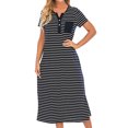 thumbnail image 1 of Women Stripe Print Side Split Button Short Sleeve Loungewear Midi Dress with Pocket, 1 of 7