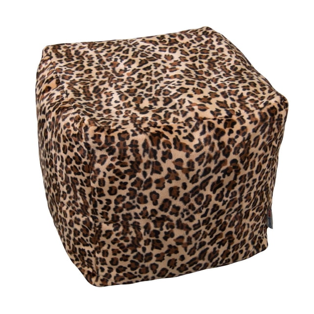 ComfyKids® Cubes leopard print cube seat for kids, made with soft micro plush polyester, measuring 16 inches square, lightweight and easy to move, ideal for small bedrooms, playrooms, or extra seating, with durable, easy-to-clean fabric suitable for children.