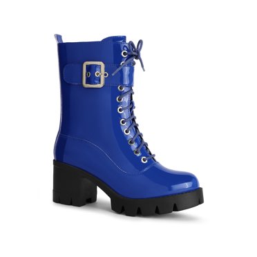 BLISSFUL STEP Round Toe Platform Chunky Heel Combat Boots for Women Blue (Size 10)