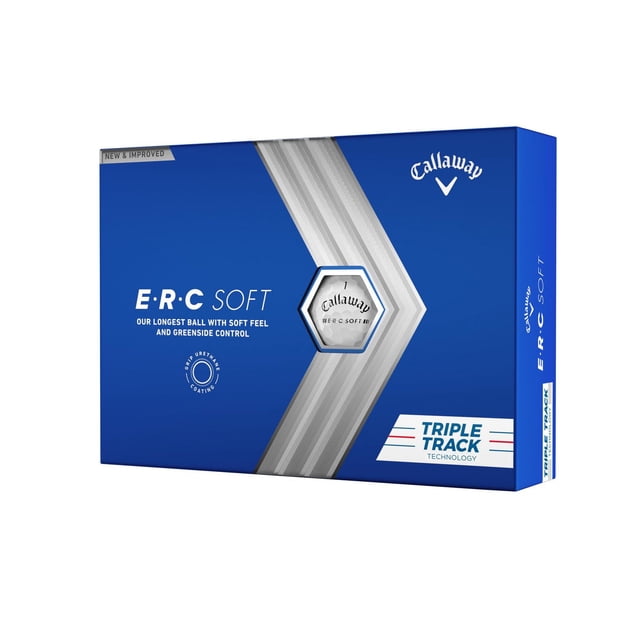 Callaway ERC Soft Triple Track Golf Balls box in blue with silver chevron design and a hexagonal window displaying a white golf ball marked with Callaway logo and ERC Soft text, featuring Triple Track technology for alignment and soft feel optimized for greenside control and distance.
