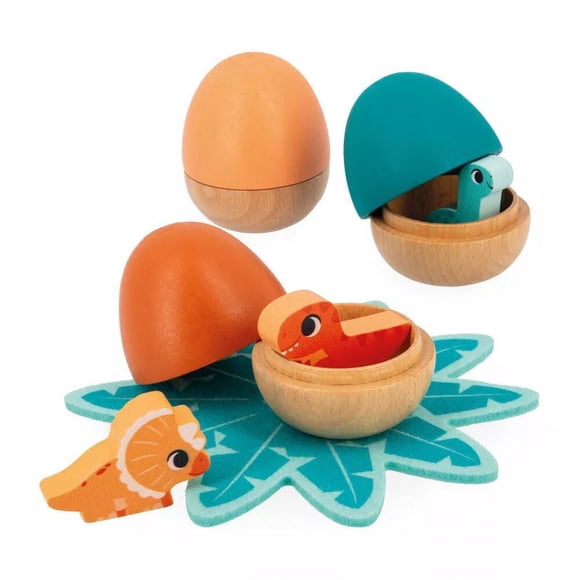 Janod - Dino - Jeu de 3 Œufs Cachés avec Bébé Dinosaures Surprise - Ouverture à Tirer - Jouet en Bois FSC - Développement Précoce pour Enfants - Dès 18 Mois - J05834