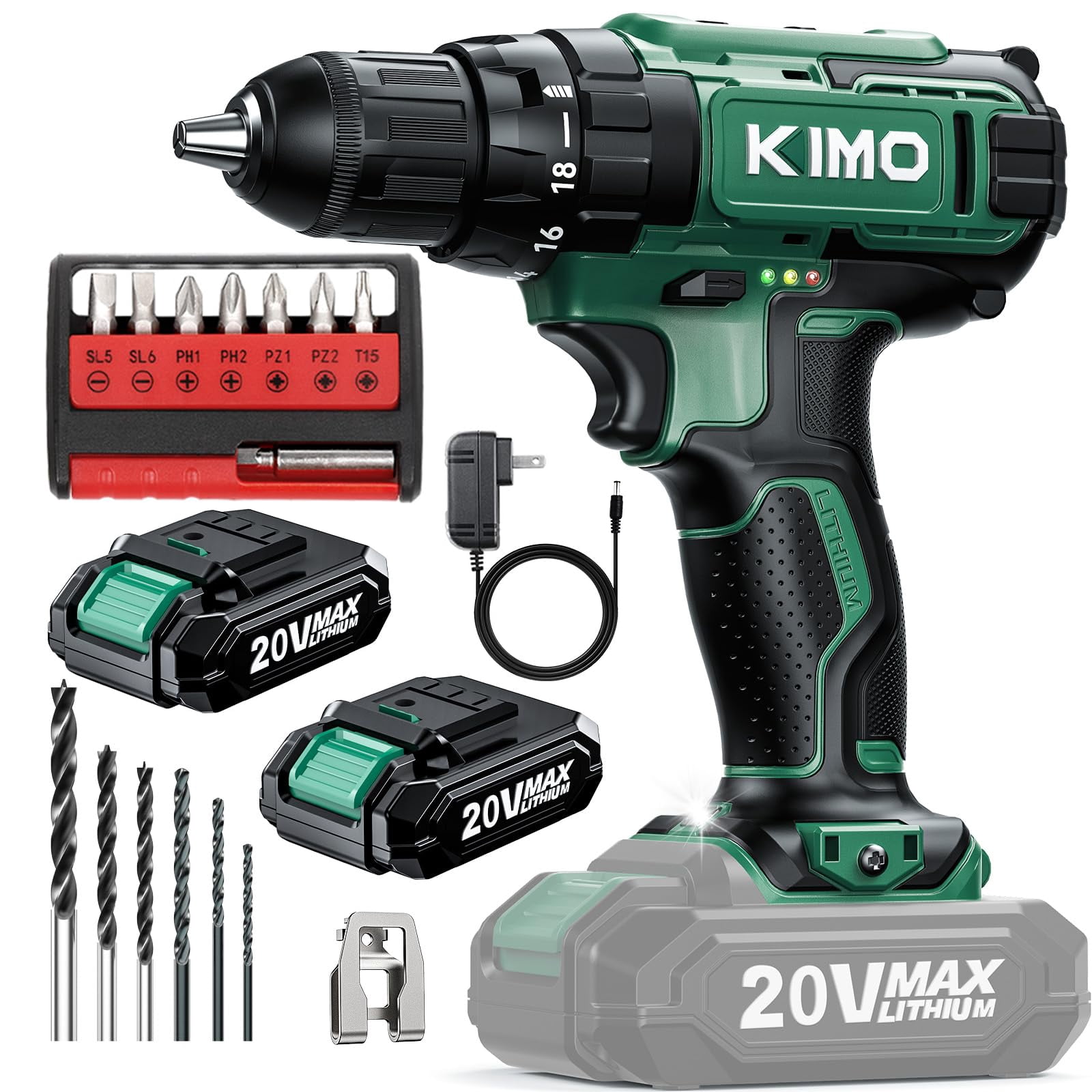 KIMO 20V Cordless Drill Set with 2 Packs 2.0Ah Battery, Max 350 In-lb Torque, 1350 RPM, 3/8" Keyless Chuck, 18+2 Clutch Setting, 18pcs Accessories, Power Drill for Drill
